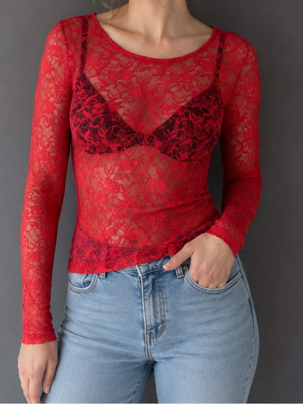 Seductions Red Sheer Floral Lace Long Sleeve Top Size Small Y2K